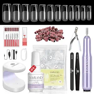 SAVILAND Gel Nail X Kit: 500 Pcs Square Nail Tips Gels Nail Kit with Drill, 0.5 Oz 4-in-1 U V Nail Glue with Lamp, Nail Kit At Home Art Designs & Salon Manicure Kit Gift For Women