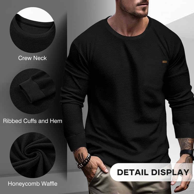 Men's Long Sleeve Shirt Casual Crewneck Lightweight Pullover Honeycomb Waffle Solid Knitted Tees with Pocket4