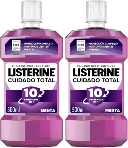 Listerine Cuidado Total (1x500 ml), enjuague bucal con alcohol, colutorio encías con 10 beneficios en 1, elixir bucal con 12 h de protección, para unos dientes blancos (Paquete de 2)