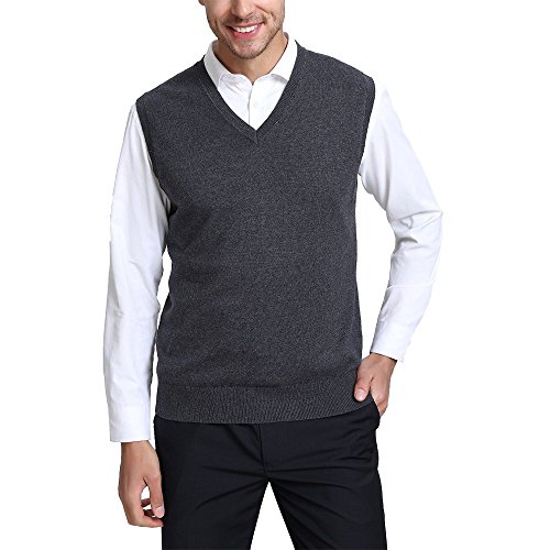 Kallspin Men s Cashmere Wool Blended Vest Sweater Relaxed Fit V Neck Sleeveless Knitted Vest Pullover (Charcoal, X-Large)
