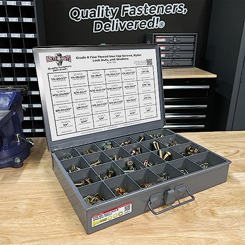 Image of Grade 8 FINE Thread Hex Cap Bolts Screws, Nylon Nylok Lock Nuts, Washers, Lock Washers Assortment Kit - 574 Pieces!