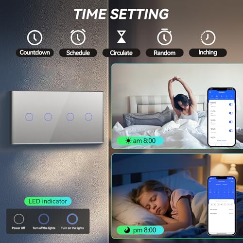 BSEED Smart Lichtschalter 2 Fach 2 Wege +2 Fach 2 Wege Wifi Smart Lichtschalter arbeitet mit Amazon Alexa and Google Home,Glas Touchscreen-schalter Grau(Erforderlich Neutral Draht)157mm
