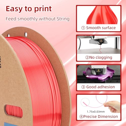 Image of 3DHoJor Silk PLA Filament 1.75mm, PLA Filament 1.75mm Silk Shiny 3D Printer Filament, 1kg Cardboard Spool (2.2lbs), Dimensional Accuracy + /- 0.03 mm, Fit Most FDM Printer（Red）