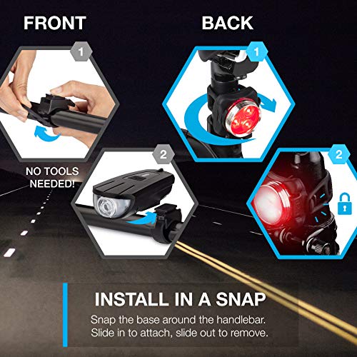 Vont Rechargeable Bike Light Set, Bicycle Light, Instant Install Without Tools, Fits All Bikes - 3 Modes, Bike Lights Front and Back Illumination - Waterproof, Lightweight, Durable