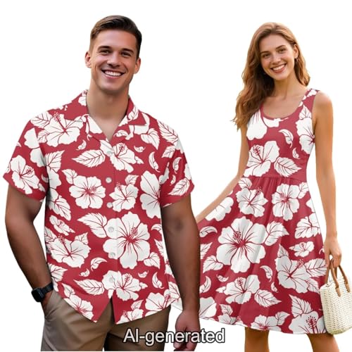 Image of Dreaweet Summer Dresses for Women A-Line Sleeveless Flowy Sun Dresses,Men's Casual Button-Down Shirts,Couple Matching Outfits