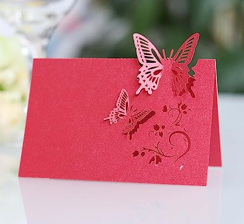 iKesoce Lot de 50 marque-places de papillons rouges marque-places de table de mariage, marque-marque-place, papier pour communion baptême