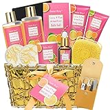 Spa Gift Baskets for Women, Citrus & Pink Grapefruit Scent Spa Gift, 16 Pcs Self Care Kit Gifts Including Bubble Bath, Massage Oil, Bath Salt, Bath Bombs & Luxury Birthday Gifts for Women