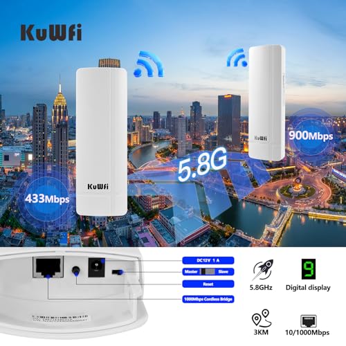 Image of KuWFi 5.8G 3KM Gigabit Wireless WiFi Bridge Point to Point Outdoor Work for Starlink Satellite Signal Extend Outdoor Super Long Range WiFi Router Bridge 1000Mbps Ethernet Port 24V PoE Power 2-Pack