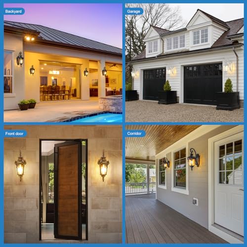 Outdoor Wall Lights, Waterproof Aluminum Porch Wall Light for Outside House, Patio, Yard, Garden, Black Gooseneck Exterior Wall Sconce, Hardwired Outdoor Acorn Shape Lantern, Water Ripple Glass, 2pack