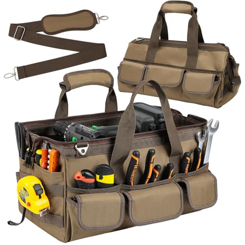 Smart Elf 15-Inch Tool Bag, 20-Pocket Portable Heavy-Duty Tool Bag with Adjustable Shoulder Strap and Ergonomic Handle, Thickened Version - The Most Practical Gifts for Men (Khaki)