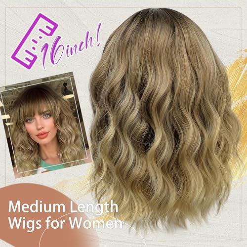 Image of Nnzes Short Wavy Bob Wig with Bangs for Women Shoulder Length Curly Brown Ombre Blonde Synthetic Heat-Resistant Fiber Hair for Daily & Party Use