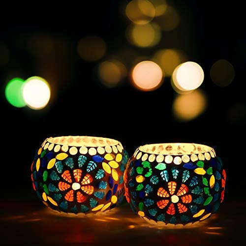 WebelKart Set of 2 Mosaic Glass TeaLight Votive Candle Holder with Tea Light Candles for Living Room Table Home Decor Indoor Outdoor Decorations (Multicolor, Glass)