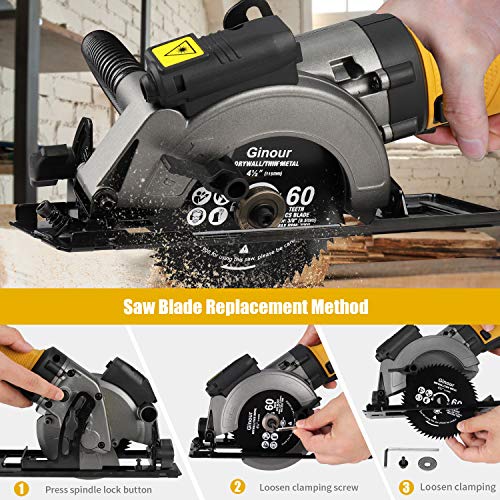Circular Saw, Ginour 6.2A Mini Circular Saw with Laser Guide, 6 Blades(2 pcs 5\" & 4 pcs 4-1/2”), Max Cutting Depth 1-7/8\'\'(90°), 1-5/16\'\'(45°), Ideal for Wood, Tile, Backerboard, Cement, Drywall