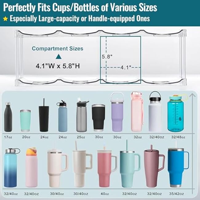 Design for Stanley 40 OZ & Large Bottles & Tumblers with Handle - Acrylic Water Bottle Organizer - Stackable Clear Wine Rack Cup Holder for Home Kitchen Pantry Shelf Countertop Cabinet, 4 Tier Hold 16