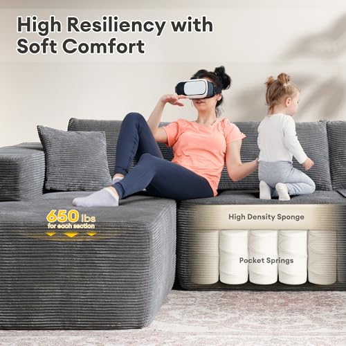 Image of HOOOWOOO Sectional L Shaped Couch,106 inch Assembly Free Modern Minimalist Sofa,Extra Deep Large Sofa Couch Set,Corner Couch in A Box for Living Room(Left Chaise Gray Corduroy Uphosted)
