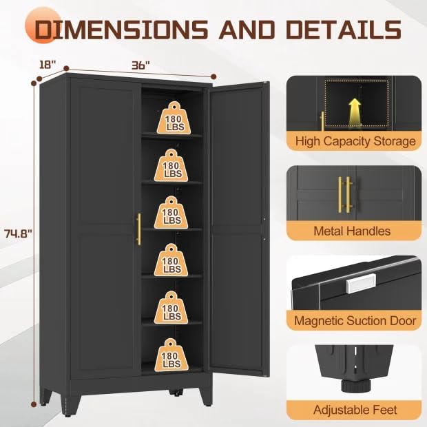 Image of PAOFIN 75 inch Metal Kitchen Pantry Cabinet, Storage Cabinet with Doors and 5 Adjustable Shelves, Cabinet with 2 Metal Handles,Tall Cabinet for Livingroom,Pantry, Bathroom,Kitchen Black
