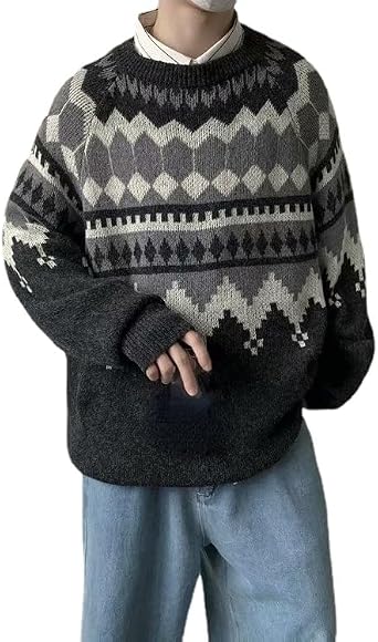 الرجال سترة مخططة خمر الكروشيه كبيرة الحجم سترة سترات Preppy Crewneck Sweatshirts Grunge محبوك قمم
