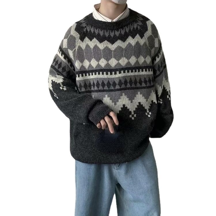 Mens Vintage Striped Sweater Crochet Oversized Grandpa Sweaters Preppy Crewneck Sweatshirts Grunge Knitted Tops
