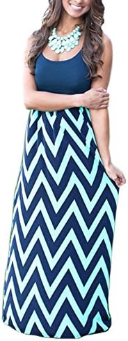 Demetory Women`S Boho Sleeveless Chevron Striped Maxi Dress (Large, Navy)