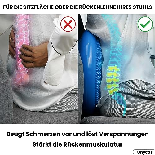 unycos - Ballsitzkissen inkl. Pumpe【Ø34 cm | Trägt 150 kg】Orthopädisches Sitzkissen Anti-Burst, Noppenkissen, Balance Pad, Luftkissen für Bürostuhl, Fitness, Reha/Koordinations (Blau; Basic)
