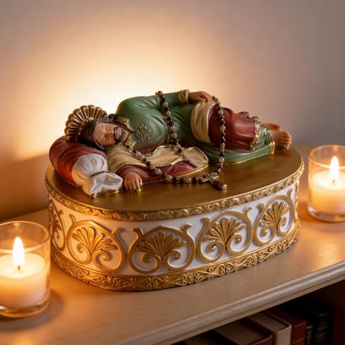 ASTARIKO Gold Sleeping St. Joseph Statue Rosary Box - 5.8 Hand-Painted Religious Gifts Catholic Keepsake Holder for Prayer Notes Store Rosary Beads Souvenirs Coin Ring Jewelry