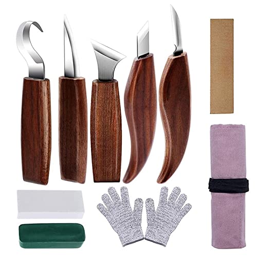 Kit di Strumenti per Intagliare il Legno, 10 Pezzi Noce Coltello da Intaglio con Manicotto per Coltelli e Pietra per Affilare, per Principianti e Professionisti con Guanti Resistenti al Taglio