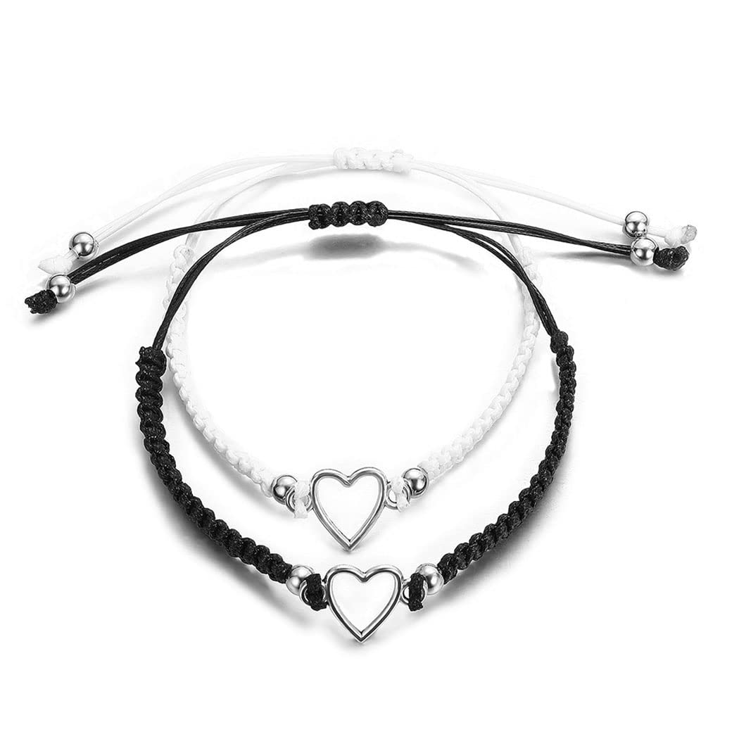 Aluinn Love Heart Bracelets Hollow Out Friendship Braided Black White Rope Bracelet Stackable Bracelet Boho Adjustable Hand Chain Jewelry for Women