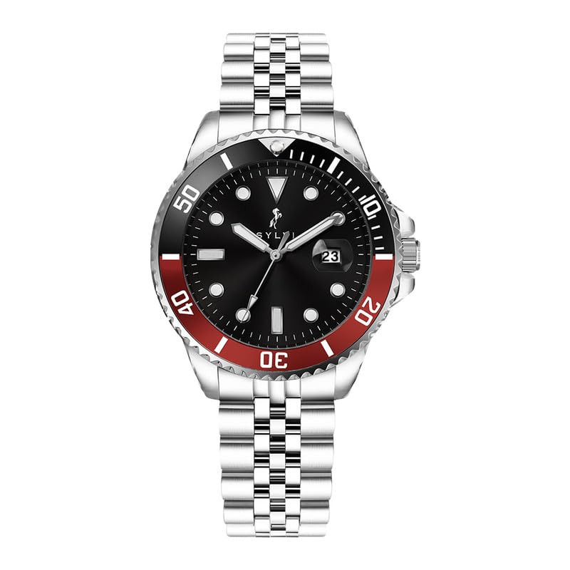 Sylvi Analog Black Dial Silver Case Red-Black Bezel Stainless Steel Strap Casual Watch for Men