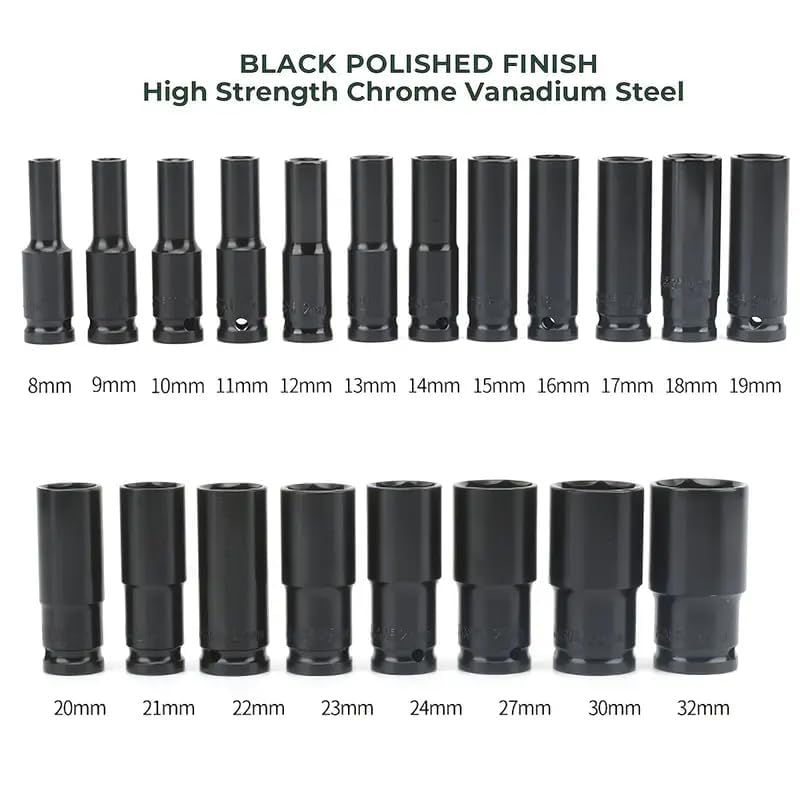 Image of Harboan 20 Pieces 1 /2-Inch Square Drive 78mm Deep Impact Socket Hex Set, 6-Point Standard Metric Sizes CR-V Steel 10mm to 24mm (20 in 1) (20 in 1 impact socket set)