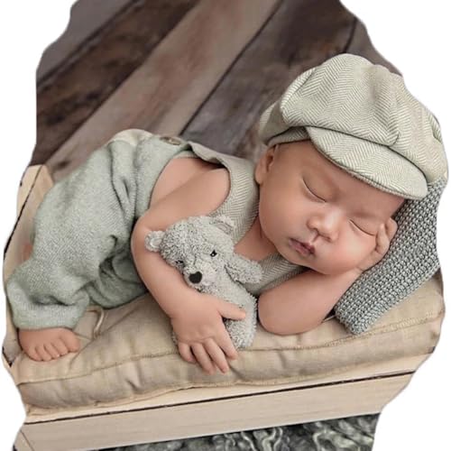Image of Ylsteed Newborn Boy Photoshoot Outfits 2Pcs Newborn Photography Girl Baby Photography Props Baby Gentleman Suit Photography Outfits Boy Suspender Pants with Beret 9-12lbs/0-3 Months (Light Green)