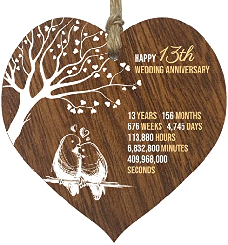 13th Wedding Anniversary Wooden Heart Plaque, Dark Wood Sign Keepsake, Celebrate Lace Anniversary Wife Husband Boyfriend Girlfriend Mom Dad, Plaque with Quotes Gifts from the Kids