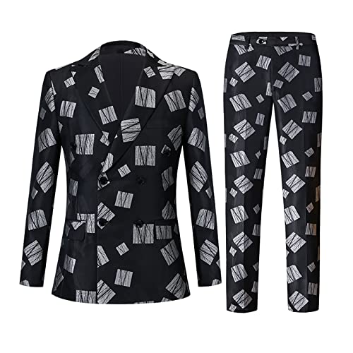 Mens Suits 2 Piece Plaid Blazer Double-Breasted Button Jackets Pants Set Formal Clothes for Men