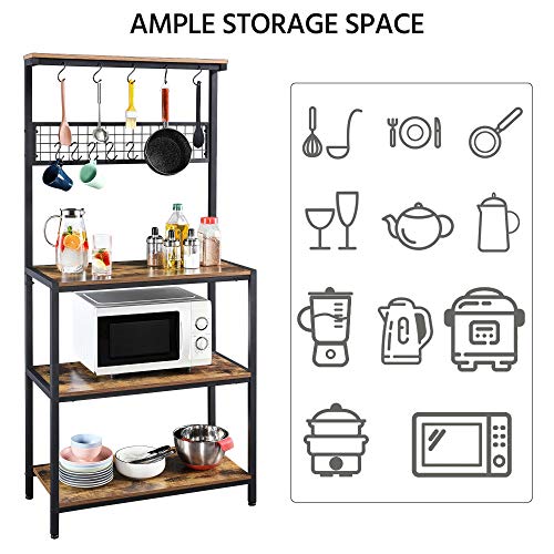 Topeakmart TP-00098240 Industrial Kitchen Bakers Rack With 4-Tier Storage Shelves Shelving Units & 10 Hooks & Adjustable Foot Wood Panel Microwave Oven Cooking Utensils thumb #2