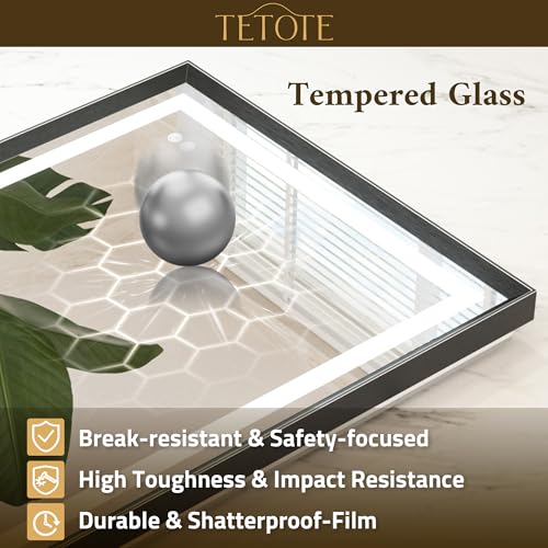 TETOTE 48 x 30 Large Bathroom Mirror Brushed Black Metal Frame Frontlit & Backlit Vanity Mirror 3 Colors White/Warm/Natural Stepless Dimmable Anti-Fog Bathroom Mirrors for Vanity Wall-Mounted