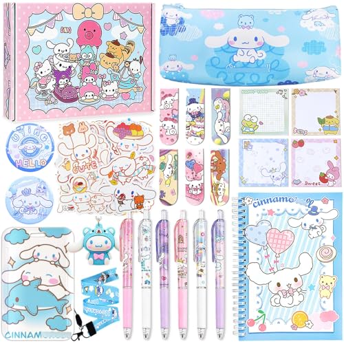 Image of Cinnamon Roll School Supplies Set, Cute Kawaii School Supplies Gift Set, Including Gel Pens Cartoon Journal Notebook Pencil Cse ID Badge Holder Stickers Key Chain Bookmark Pins Sticky Notes Blue