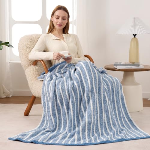 Image of Snuggle Sac Ultra Soft Blue Throw Blanket for Couch, Reversible Cozy Knitted Ribbed Blankets, Fuzzy Knit Striped Throws for Sofa, Bed, Home Decor, Blue 50 inchx60 inch