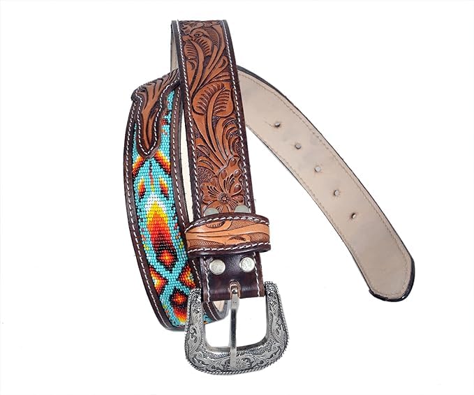 Leather Belt Good Handmade Beaded Men's Quality Thick Durable Wax Colorful Designs Cowboy Western Style Alloy Classic Fitted Casual Formal Wear in Pant Trouser Jeans Size: W-34-37/L-43in4