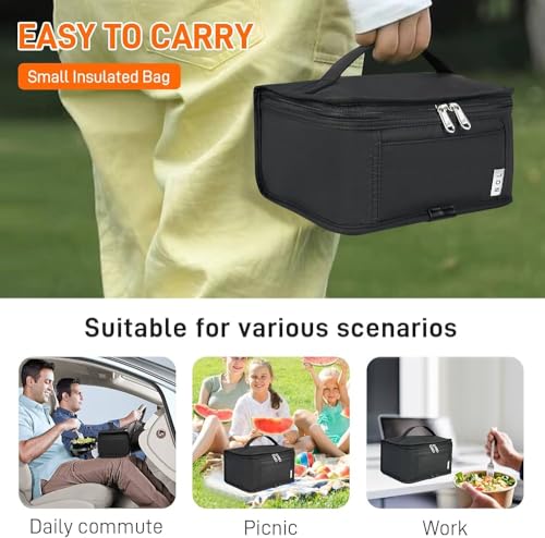 Image of Insulated Lunch Bag for Office, Black Reusable Food Container with Zipper Closure and Carrying Handle (Black)