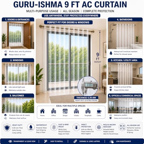 Image of 9 ft Solid Transparent AC Curtain | Waterproof Heavy-Duty 0.30 mm | Dust Wind Rain Protection, Mold & Mildew Resistant | All Season Use for Door, Window & Bathroom (Pack of 1)