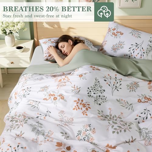 Shilucheng 100% Cotton Floral Duvet Cover King Size - 600 Thread Count, Breathable & Cooling Comforter Cover with Zipper Closure,Hotel Bedding Duvet Covers 3 Piece (Qinyuan Spring & Green)