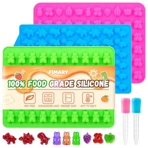 Image of Gummy Candy Chocolate Molds - Silicone Mini Gummy Bear /Dinosaur /Fruit Snack Molds with 2pcs Dropper, Non-stick for Candy Chocolate Gummies Baking