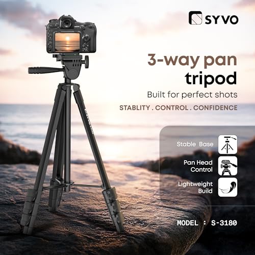 Syvo 3180 55 Inches (140CM) Aluminum Tripod Stand with 3-Way Panhead, Quick Release Plate, Level Indicator & Adjustable Height, Lightweight Portable Camera Tripod for Mobile, Vlogging & Photography - Image 3