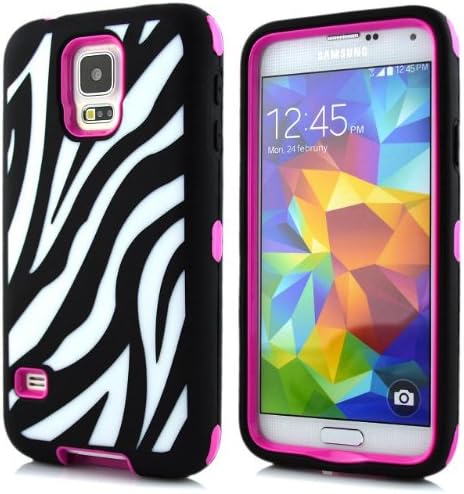 Sean Zebra Stripe Hybrid Protective Case with Combo Defender Shockproof Function for Samsung Galaxy S5 I9600 (2# Rose) + 1 Pcs Sean Smile Case