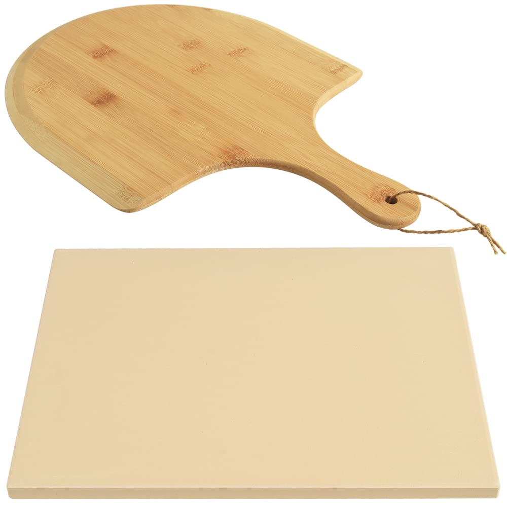 homEdge Pizza Stone Set, Heavy Duty Round Cordierite Baking Stone for Bread, Pizza,Cooking Stone with Bamboo Pizza Peel Paddle for Oven and Grill-15"x12"