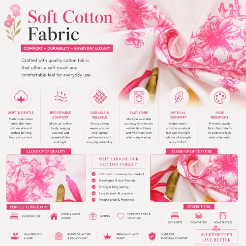 Image of IVAZA 240 TC Soft Ezyption Cotton Floral Print King Size Bedsheet - with 2 Pillow Covers, Hypoallergenic, Brethable, (Size- 90 x 90 Inch) Pink Flower