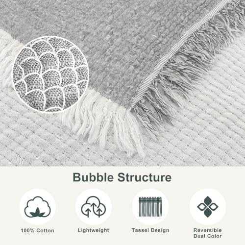 Image of EMME Muslin Queen Blanket with Tassels, 100% Cotton Gauze, Grey, 80 inchx90 inch | Soft Breathable Gauze Throw, Lightweight, Cozy for Adults Couch Sofa Bed, Gifts for Women Mom, Boho Home Decor, All Season