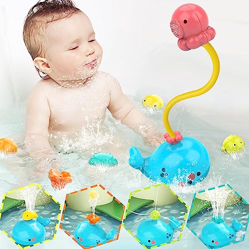 Image of Tummy Time Baby Bath Toys, JONZOO 5-in-1 Whale Bathtub Sprinkler Toys for Toddlers Infant Shower Head 5 Spray Water Nozzles, Waterproof Octopus Shark Toy Gift for 18 Month 1 2 Year Old Bathroom