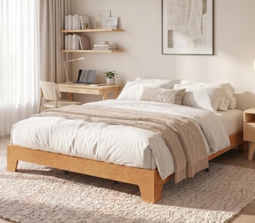 GarveeHome Queen Size Bed Frame with Wooden Slats Wood Platform Bed Frame Low Profile Bed No Box Spring Needed Noise-Free Easy Assembly Natural Pine