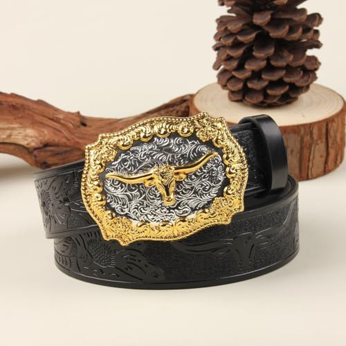 Western Cowboy Belt for Men Women Cowgirl Country Belt Longhorn Bull Buckle Embossed Leather Belt for Jeans Pants2
