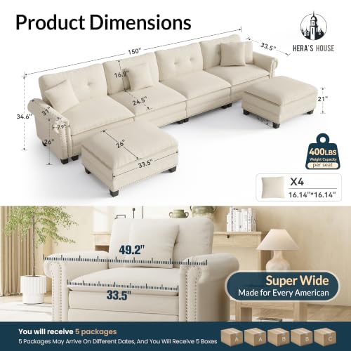 Image of HERA'S HOUSE 150 inch Oversized U Shaped Modular Sectional Couch Living Room | Mid-Century Modern 6-Seater Cloud Sofa, Beige, Rolled Arms & Nailhead Trim, Wider & Deeper Seats, Ottoman, Linen